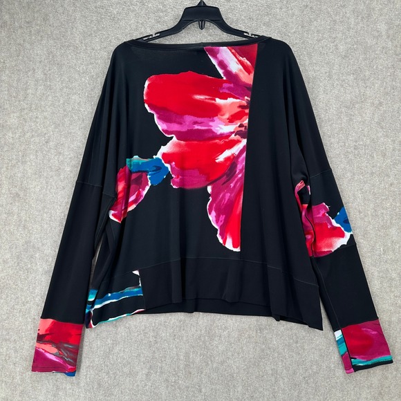 Eva Varro Black Floral Stretch Long Sleeve Tunic Top XL Handcrafted USA - Picture 2 of 7